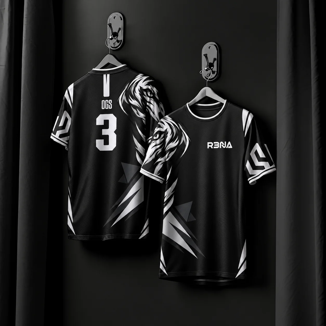 The kit, hung. Home and away, in monochrome.